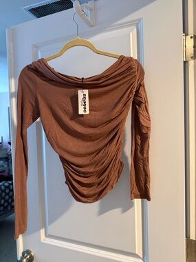 zeagoo Rust Brown Ruched Off-Shoulder Long Sleeve Top